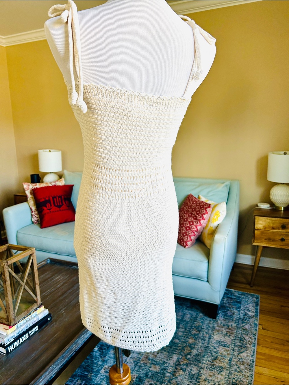 Olive + Oak Cream Crochet Button-Front Mini Dress Size Small Tie Straps Summer - Picture 10 of 11